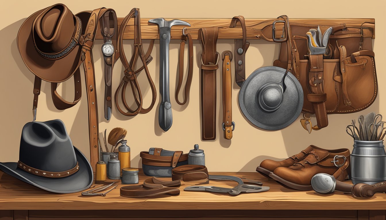 A cluttered workbench with leather crafting tools, cowboy gear, and maintenance supplies. A worn saddle and coiled lassos hang on the wall