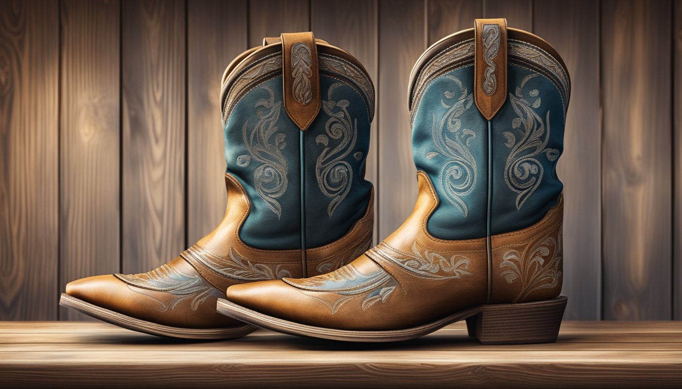 A pair of Texas cowboy boots with intricate stitching and personalized details displayed on a rustic wooden shelf