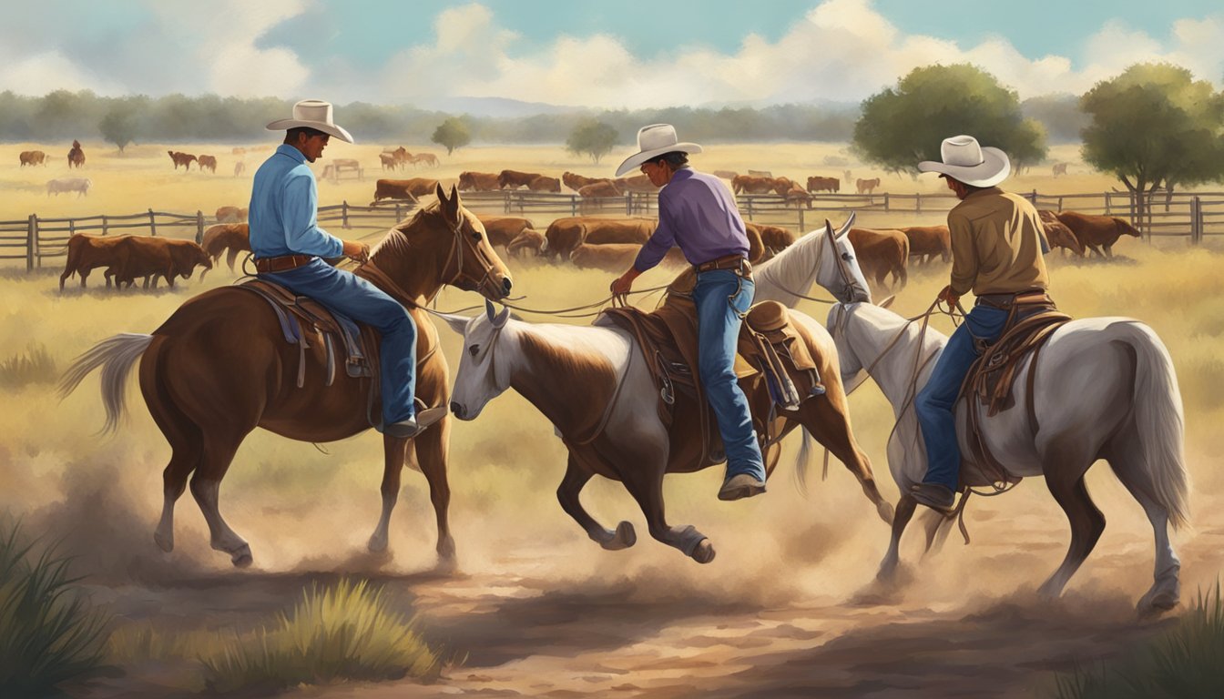 A group of cowboys tending to livestock and practicing rodeo skills in the Texas countryside