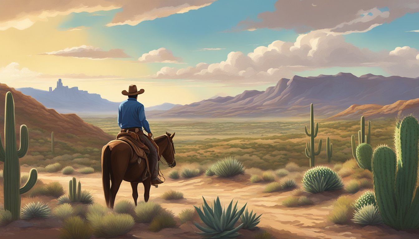 A lone cowboy rides through a rugged Texas trail, surrounded by rolling hills and cacti, under a big, open sky