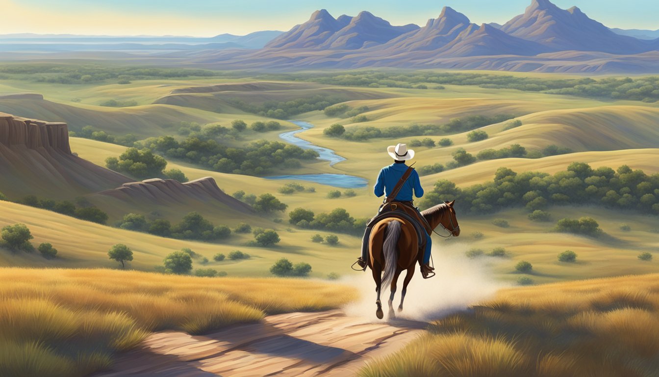 A lone cowboy riding through a rugged Texas trail, surrounded by rolling hills and vast open plains, with a clear blue sky above