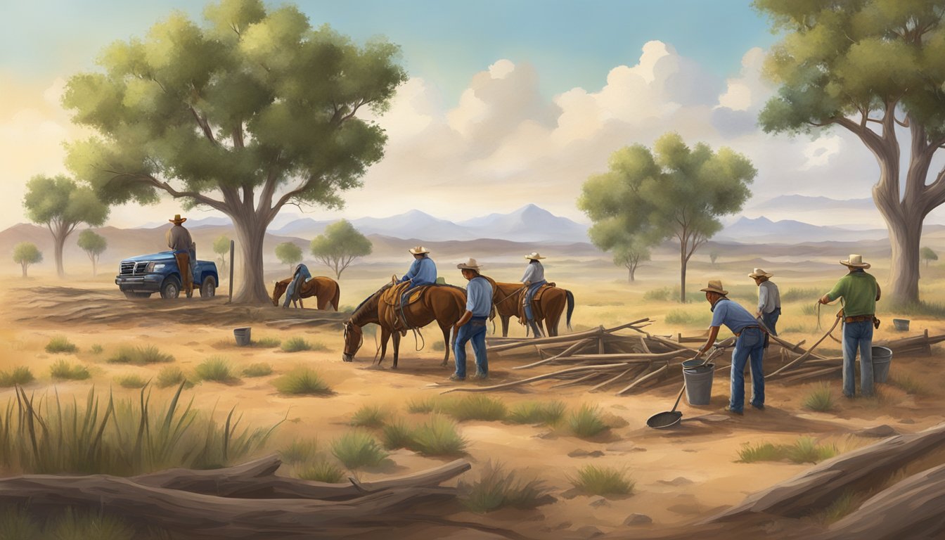 A group of Texas cowboys working together to plant trees and build water conservation structures on a vast, open range