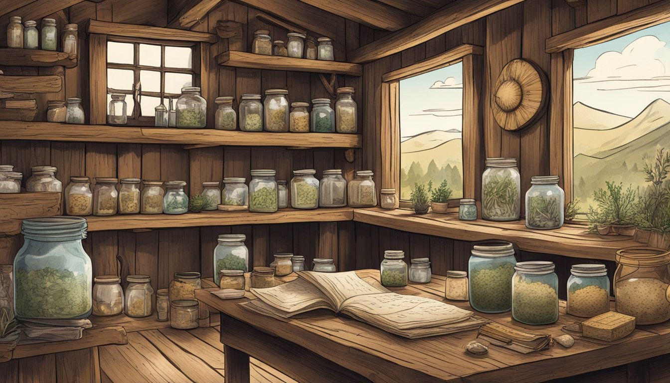 A rustic cabin filled with jars of herbs, animal bones, and handwritten notes. A cowboy's guide to frontier medicine lies open on a rough-hewn table