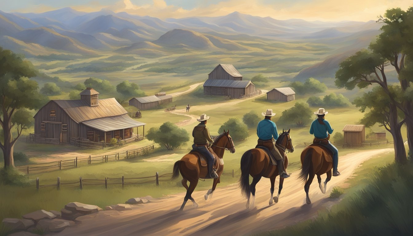 A group of riders on horseback traverse a winding trail through the rugged Texas countryside, passing by equestrian centers and stables along the way