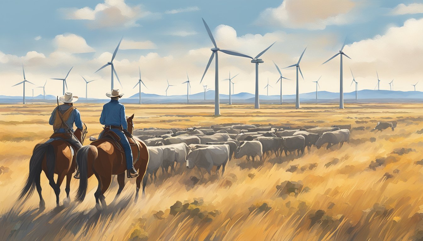 A lone cowboy on horseback herding cattle through a vast, open prairie. The landscape is dotted with wind turbines and solar panels, highlighting the modern challenges and opportunities for environmental stewardship in Texas