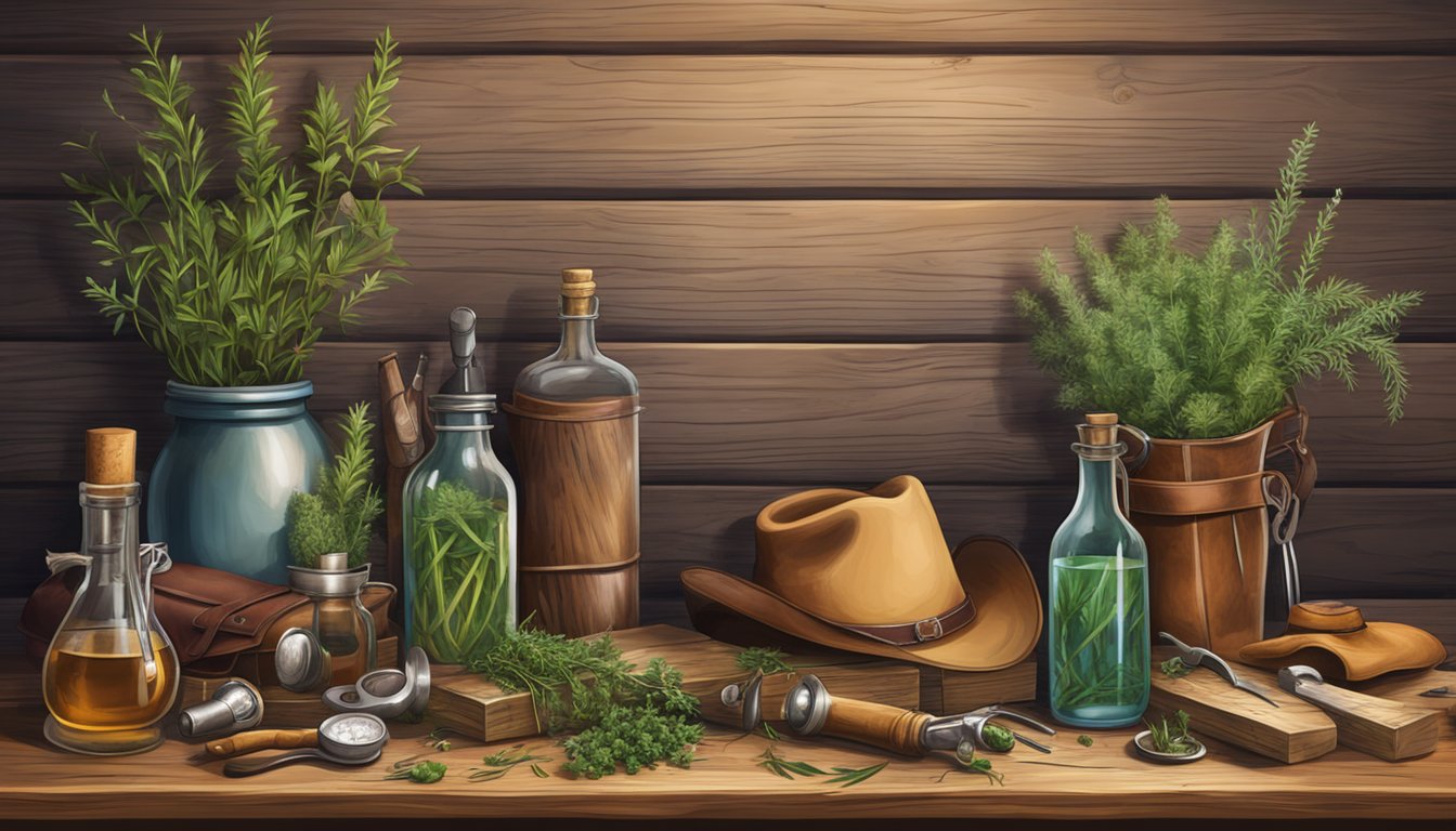 A rustic wooden table adorned with herbs, bottles, and old-fashioned medical tools, surrounded by cowboy hats and leather boots