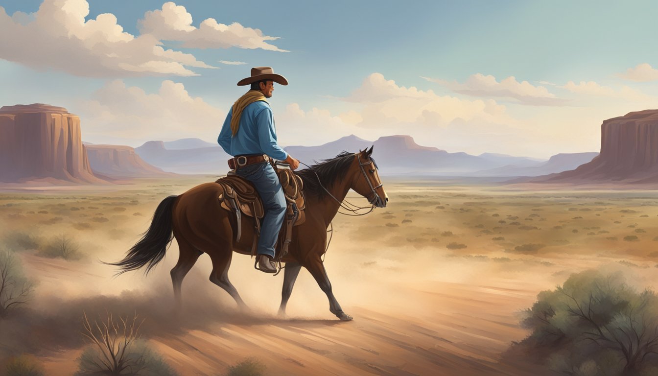 A lone cowboy riding on a dusty trail, surrounded by vast open fields and rugged terrain, with a backdrop of the Texas landscape