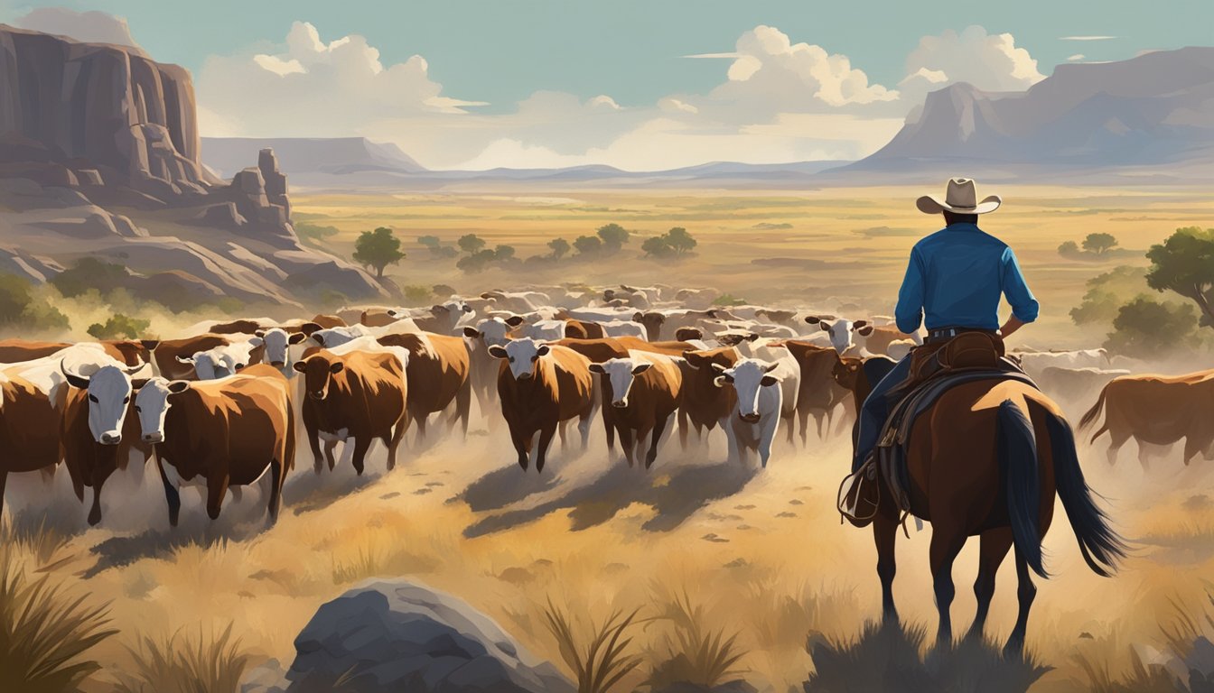 A lone cowboy herding cattle through a vast Texas landscape, surrounded by diverse wildlife and thriving ecosystems