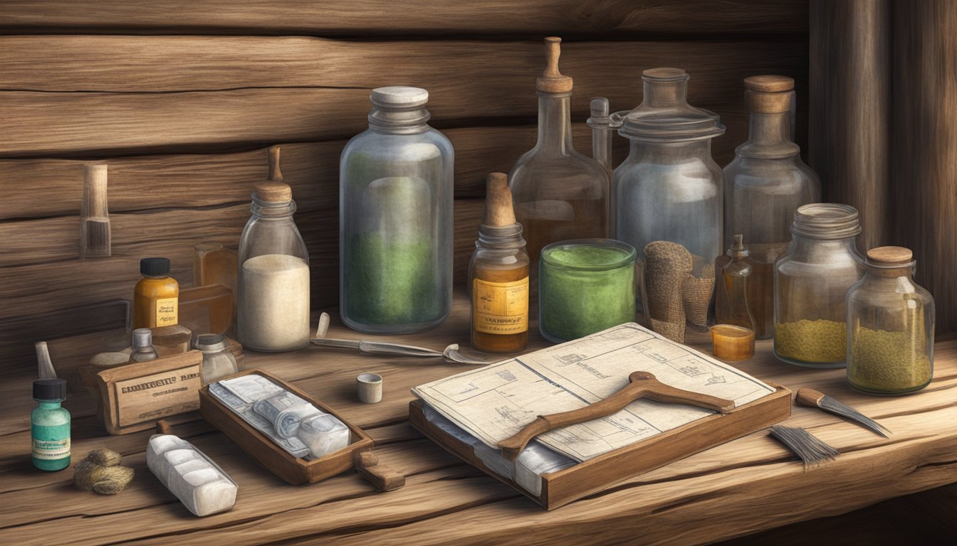 A rustic ranch house with a cowboy's medical kit and various home remedies displayed on a weathered wooden table