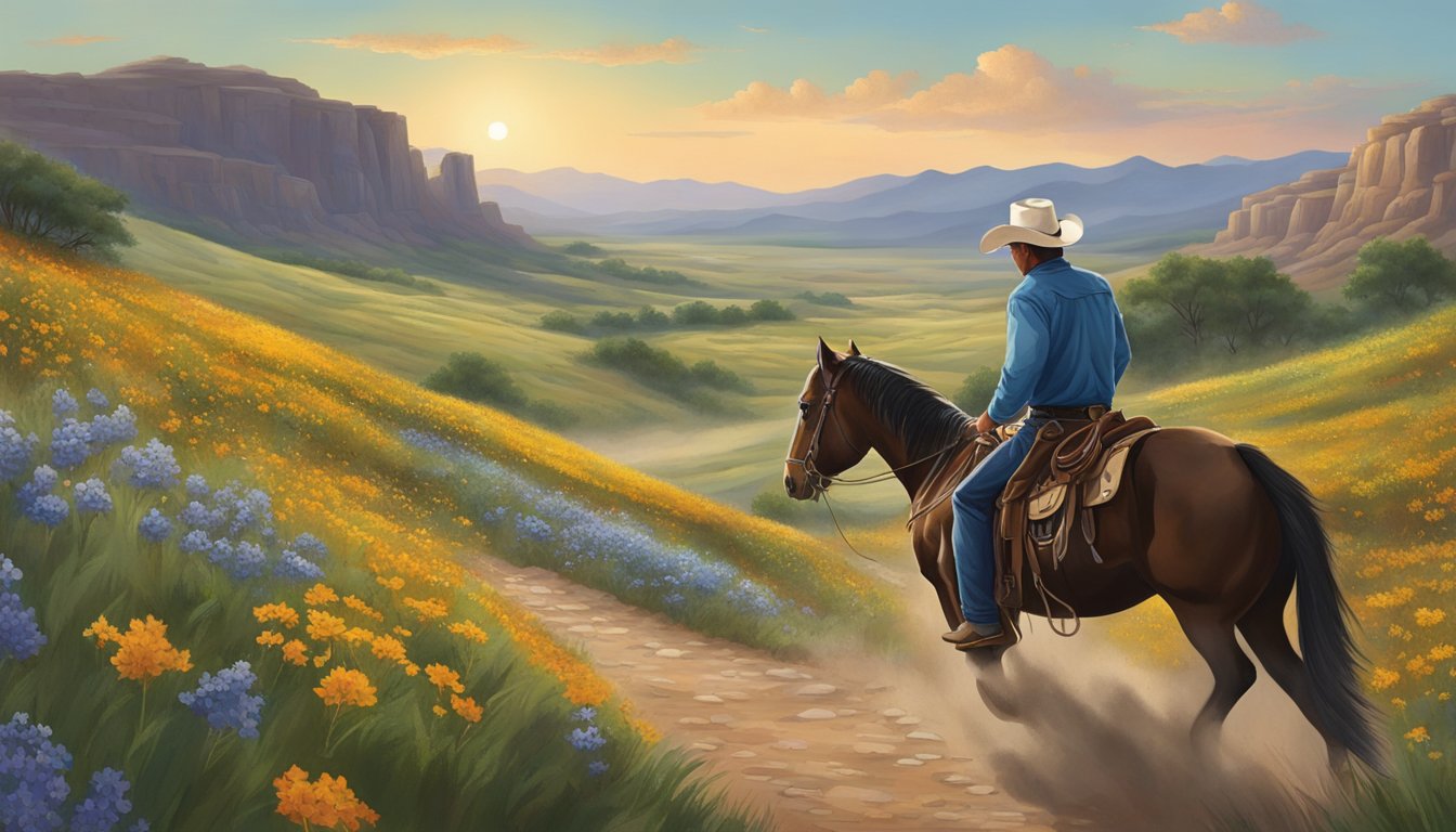 A lone cowboy rides a sturdy horse through a rugged Texas trail, surrounded by rolling hills and wildflowers