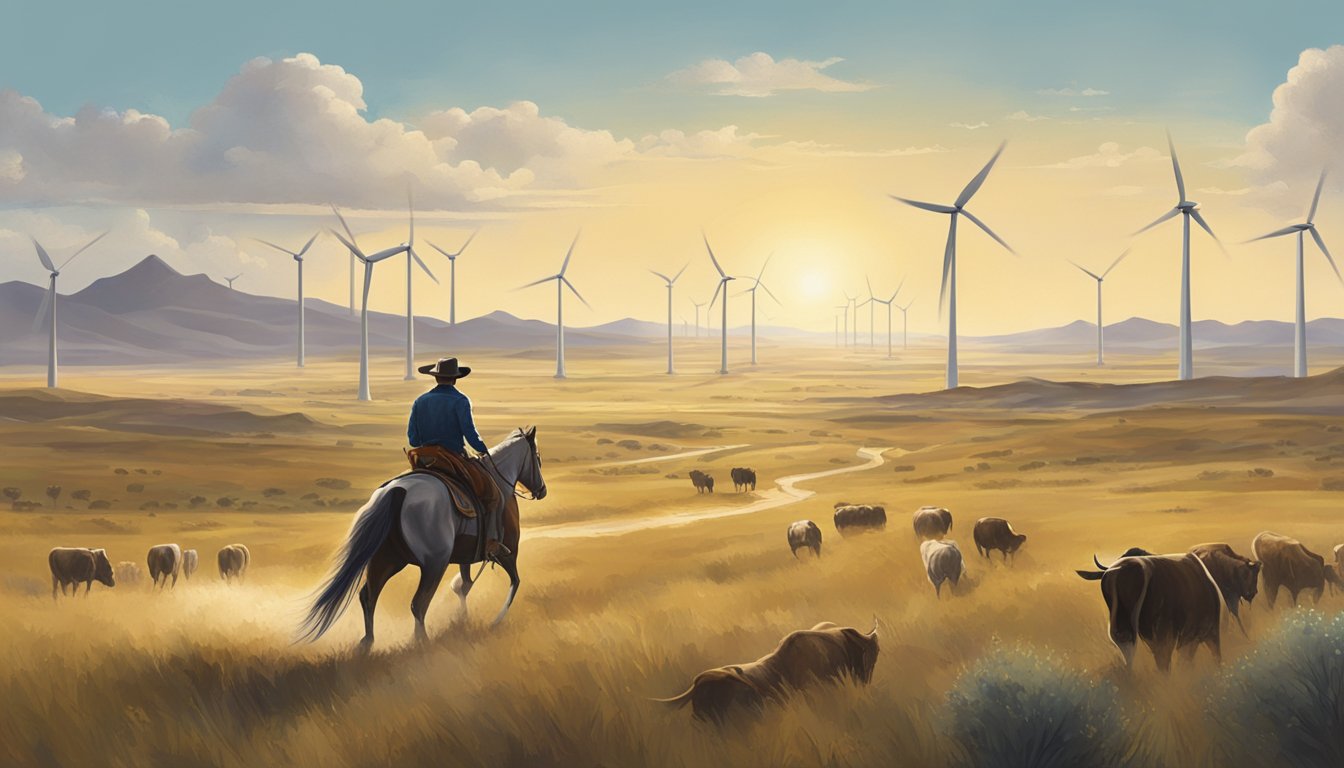 A lone cowboy on horseback herding cattle through a vast, open Texas landscape, with wind turbines and solar panels in the distance