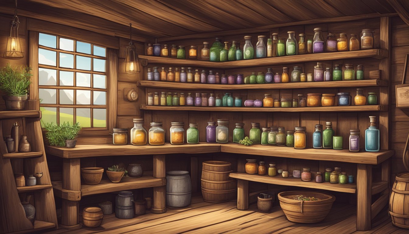 A rustic cowboy's cabin with herbs, potions, and old-fashioned remedies displayed on wooden shelves