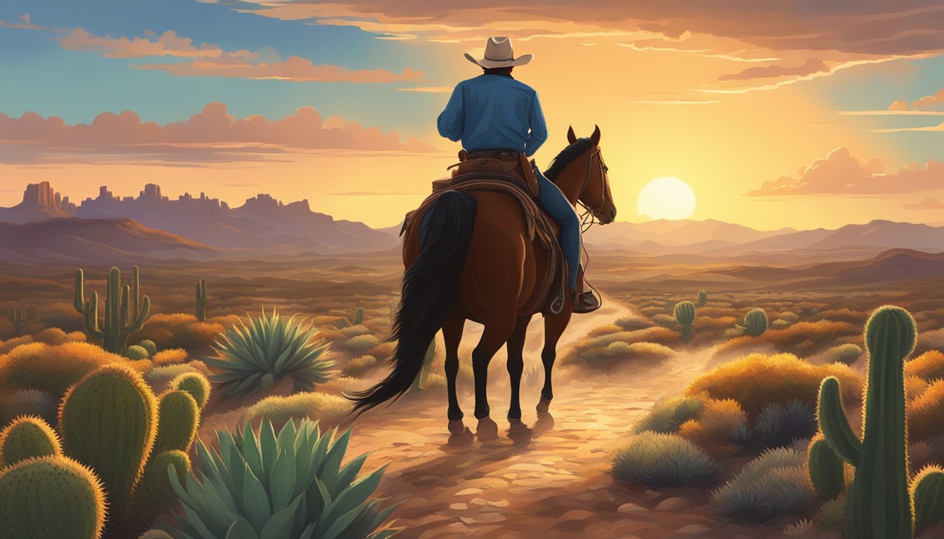 A lone cowboy rides through a rugged Texas trail, surrounded by rolling hills and cacti. The sun sets in the distance, casting a warm glow over the vast landscape