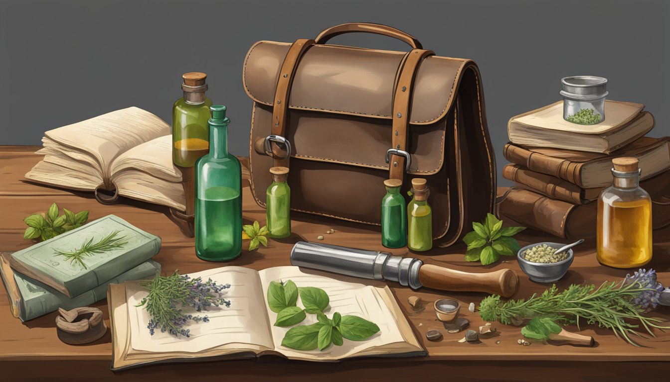 A cowboy's leather satchel spills open, revealing bottles of homemade remedies and herbs, alongside a tattered medical book and a worn-out mortar and pestle