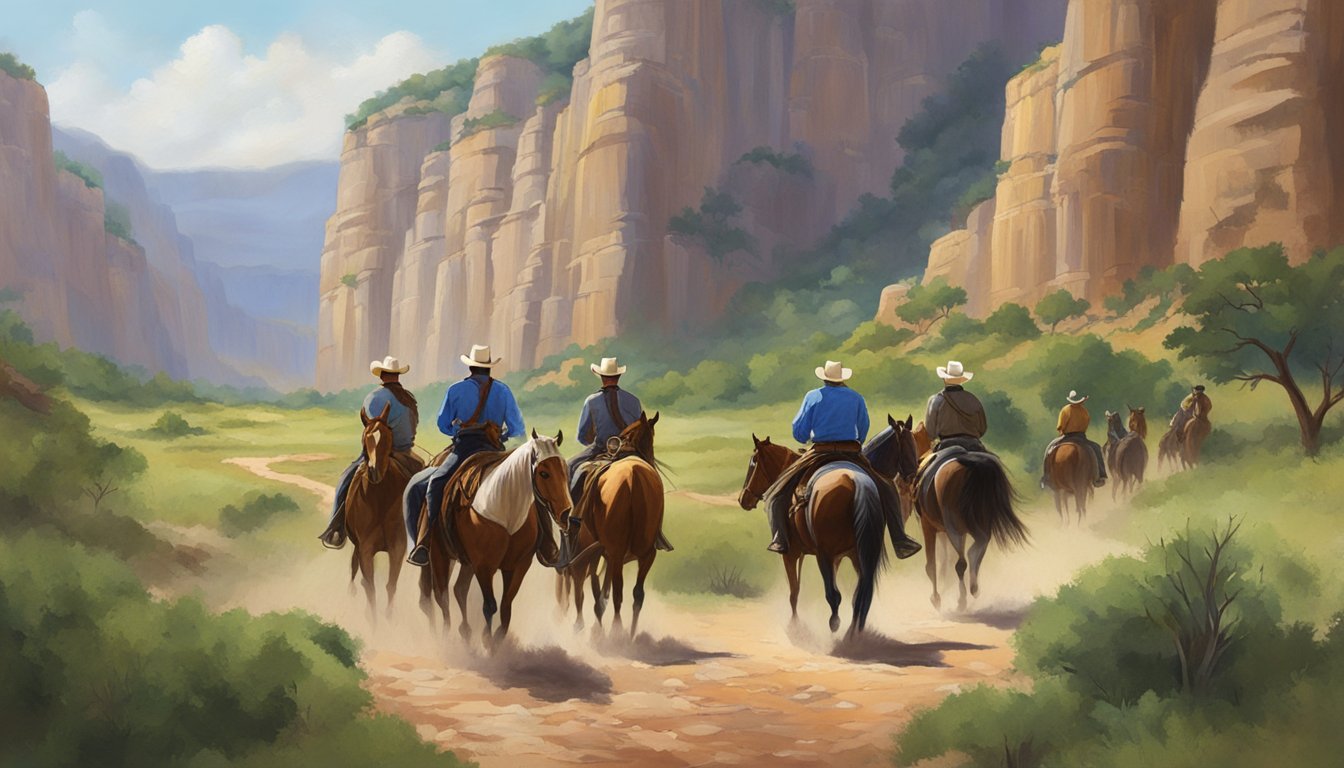 A group of cowboys ride their horses along a rugged Texas trail, surrounded by towering cliffs and lush greenery