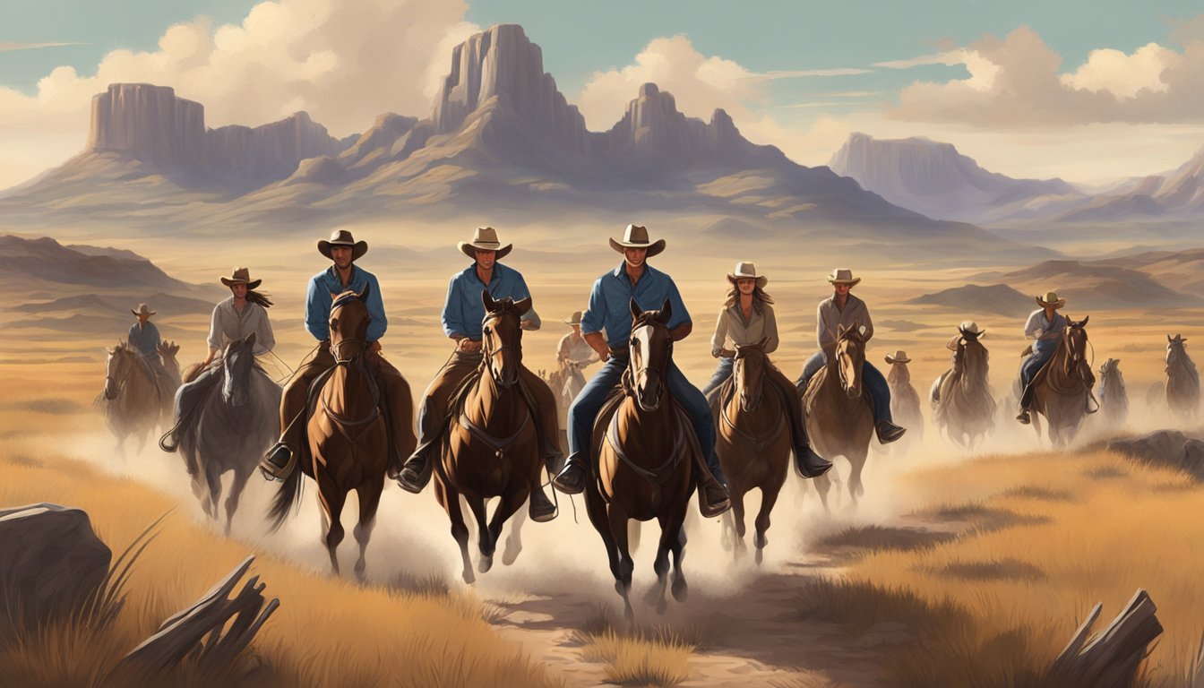 A group of cowboys and cowgirls riding horses through the open plains of Texas, with a backdrop of rugged mountains and a rustic dude ranch in the distance