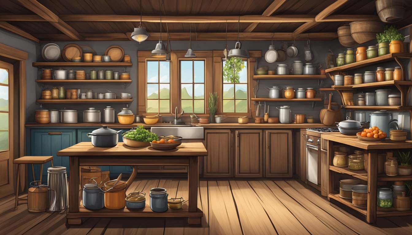 A rustic cowboy's kitchen with a cast-iron stove, hanging pots and pans, a wooden table, and shelves stocked with jars and canned goods