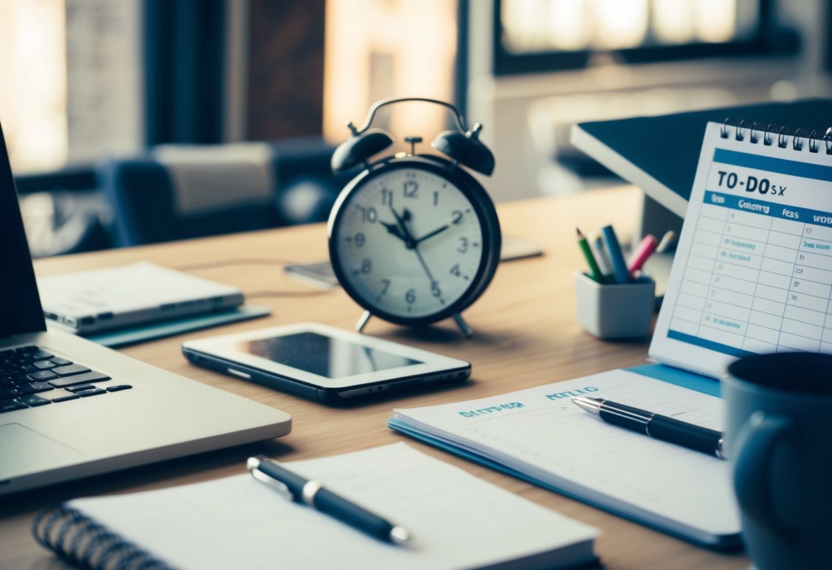 A cluttered desk with a laptop, notebook, and pen. A clock shows the passage of time. A calendar with deadlines and a to-do list