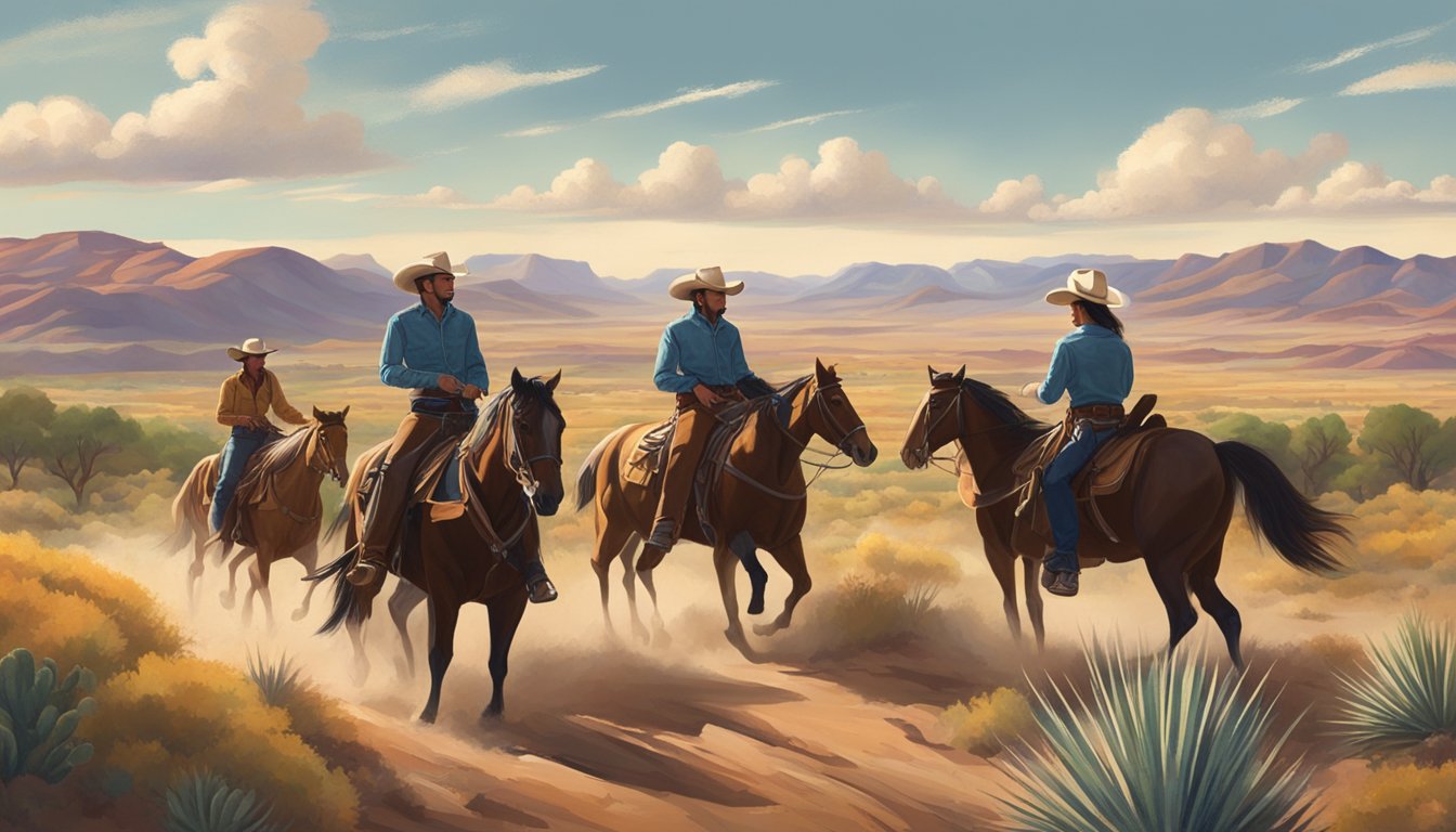 A group of cowboys and cowgirls riding horses through the rugged Texas landscape, with rolling hills, cacti, and a big open sky