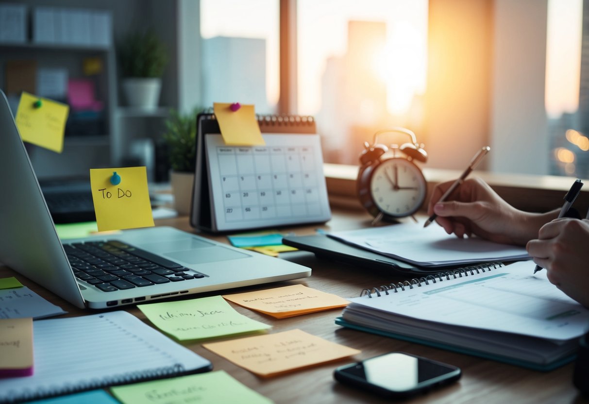 A cluttered desk with a laptop, calendar, and clock. A to-do list and sticky notes cover the workspace. A person multitasks, juggling orders and schedules