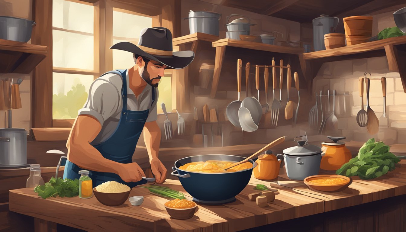 A modern cowboy cooking in a rustic kitchen with traditional tools and ingredients