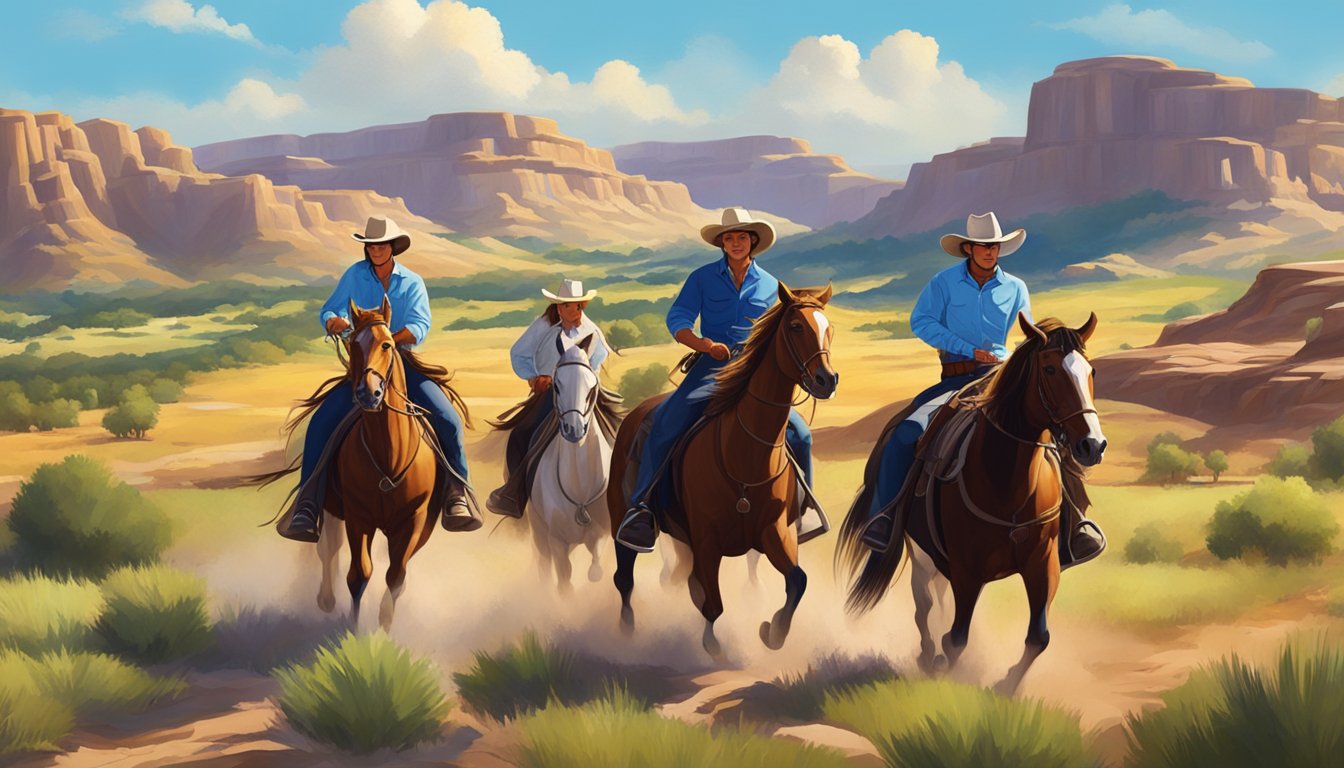 A group of cowboys and cowgirls riding horses through the rugged terrain of a Texas ranch, with rolling hills and a bright blue sky in the background