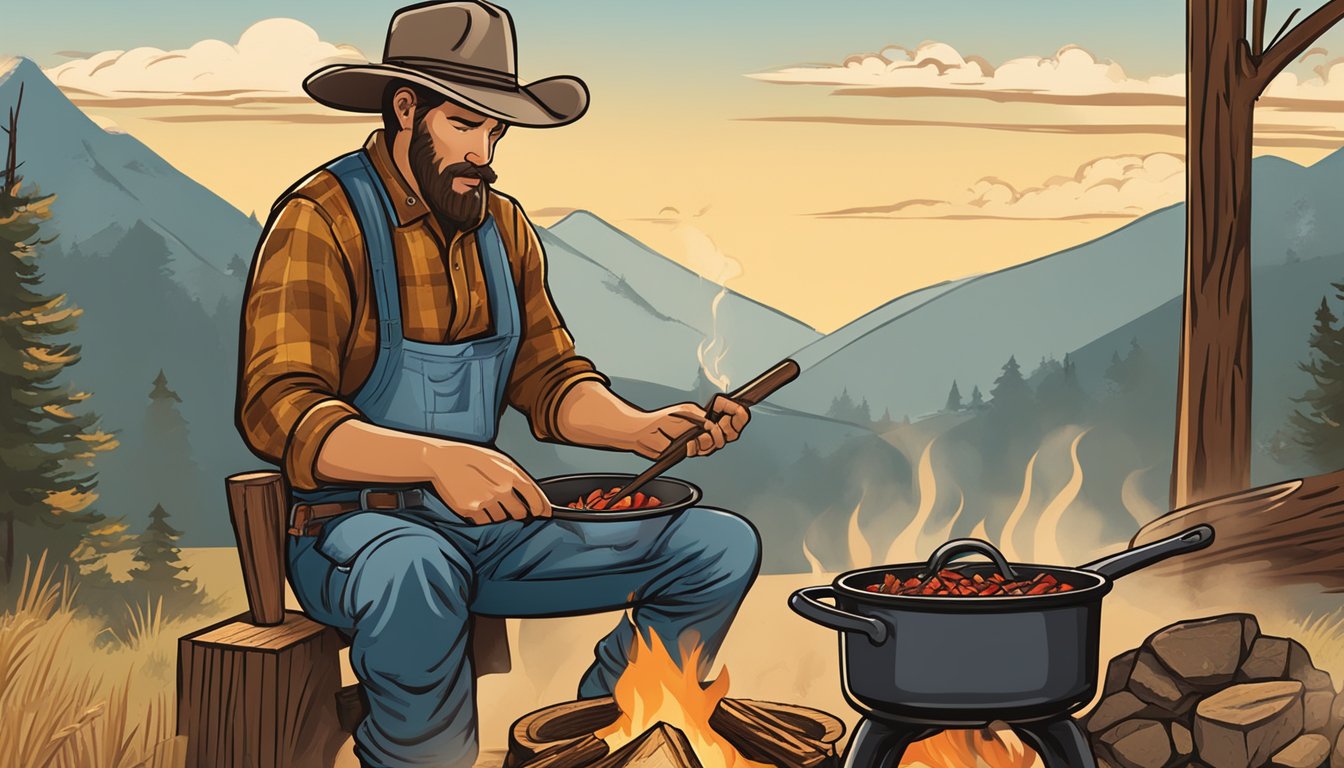 A cowboy stirs a pot of chili over a crackling campfire, surrounded by cast iron skillets and a wood chopping block