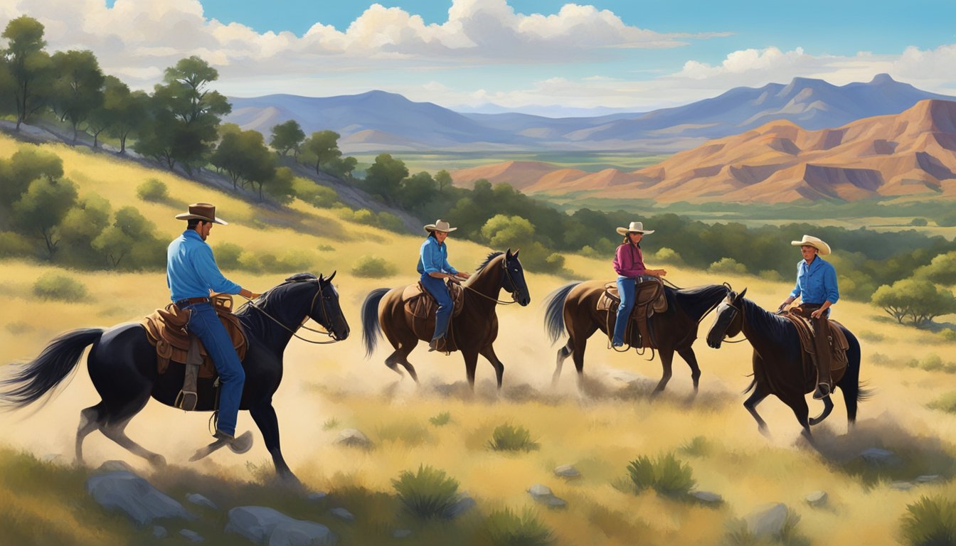 A group of cowboys and cowgirls ride horses through the rugged terrain of a Texas dude ranch, with rolling hills and a big blue sky in the background