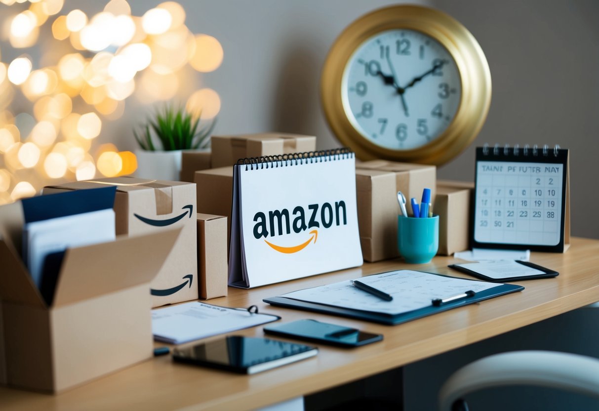 An Amazon seller's desk cluttered with packages and a calendar, with a clock ticking in the background