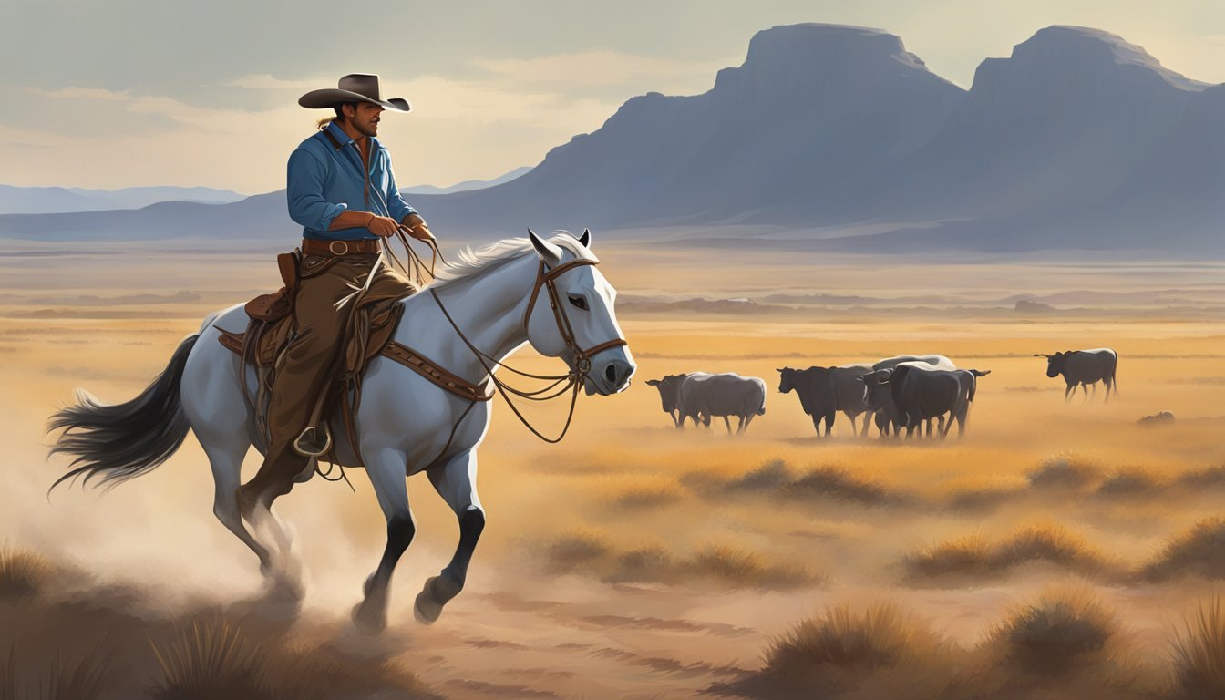 A lone vaquero rides across the open Texas plains, herding cattle with a lasso in hand. The iconic cowboy hat and boots are prominent in the scene