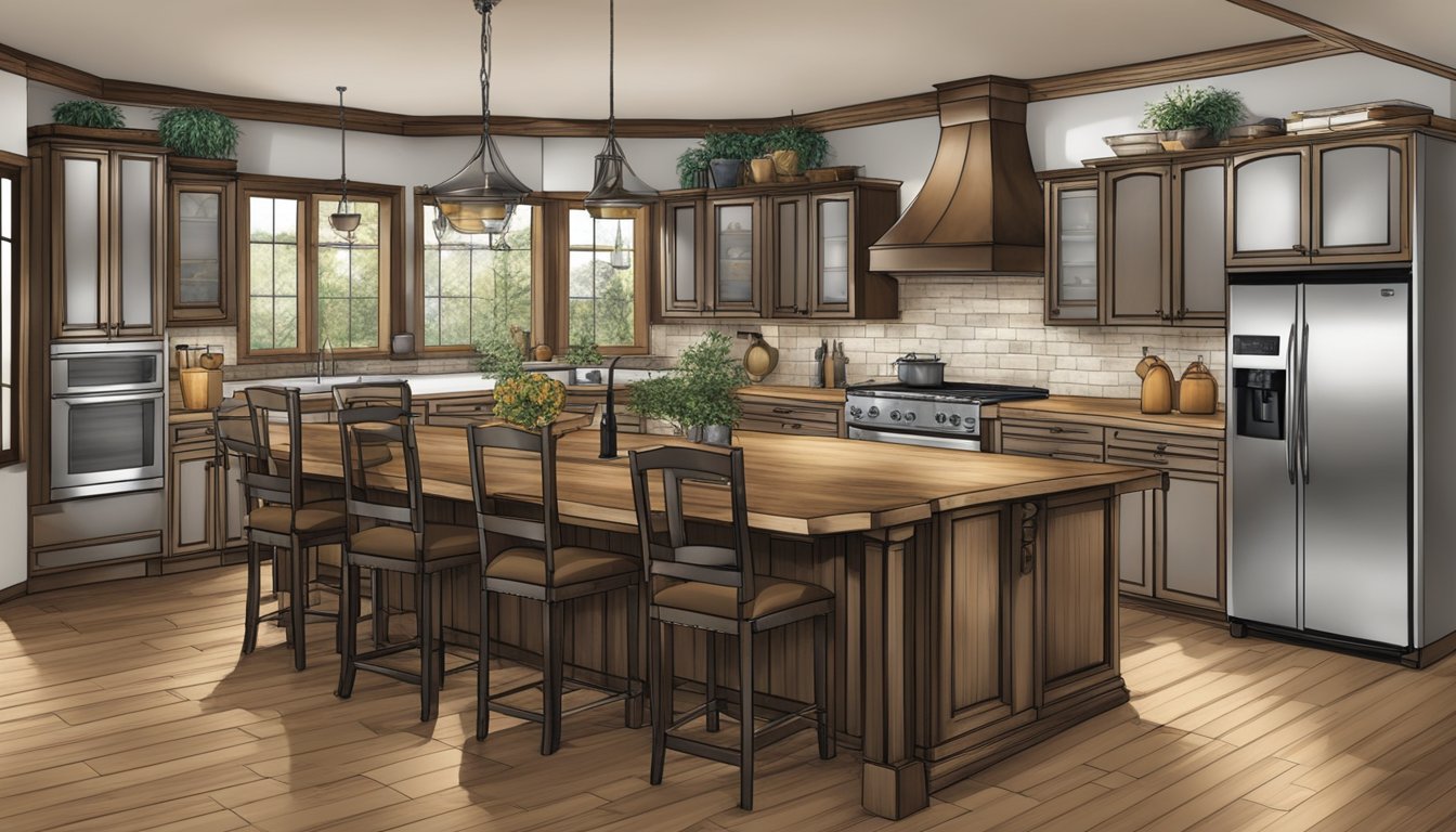 A modern, spacious kitchen with rustic Texas decor. Stainless steel appliances contrast with wood and leather accents. A large island serves as the centerpiece