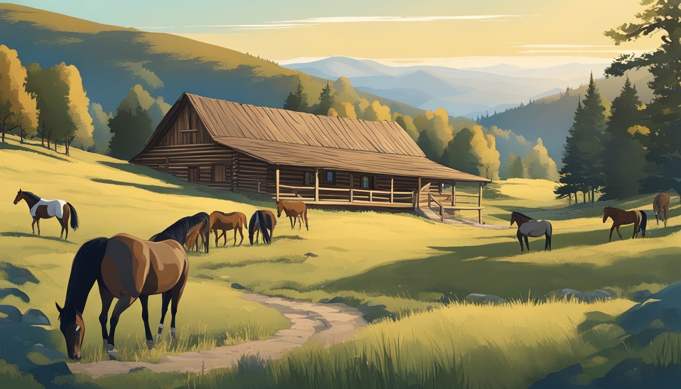 A rustic wooden lodge nestled among rolling hills, with horses grazing in the foreground and a clear blue sky overhead