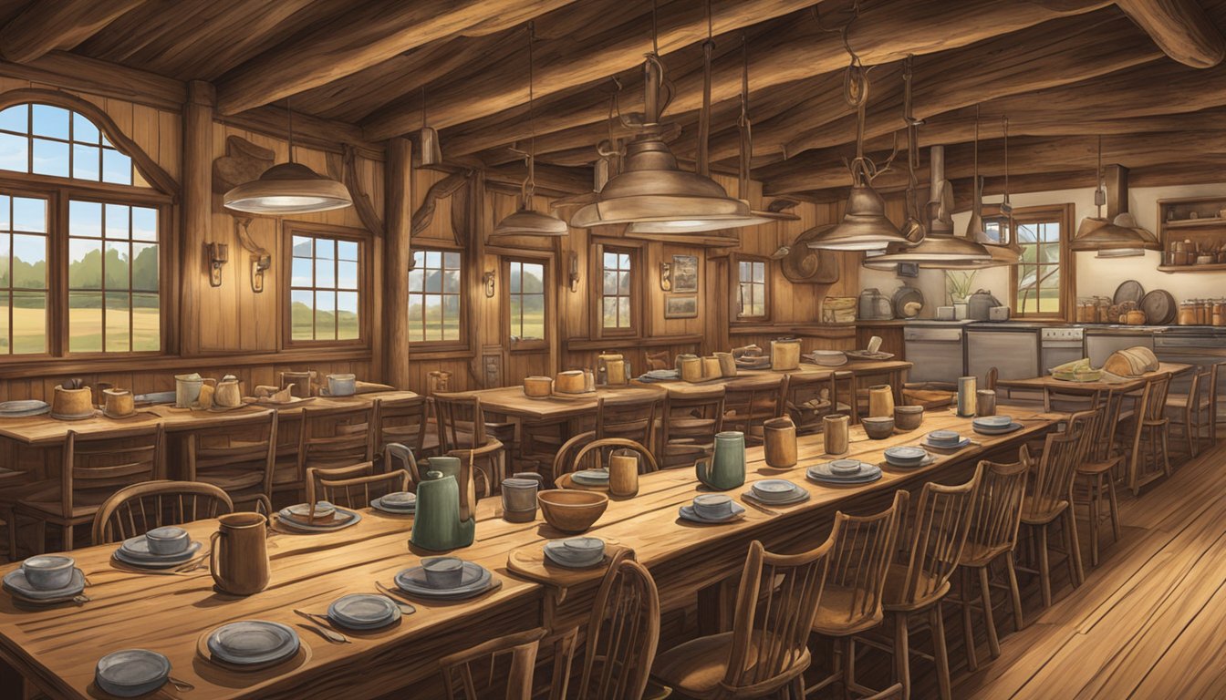 A rustic dining hall filled with cowboy hats and boots, serving up hearty Texas cuisine at a dude ranch