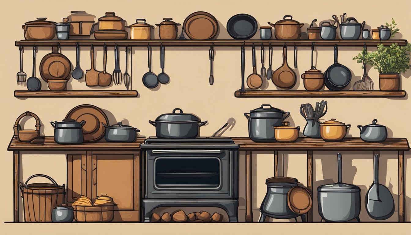 A rustic cowboy kitchen with a cast-iron stove, hanging pots, and a wooden table set with cowboy cookware and ingredients