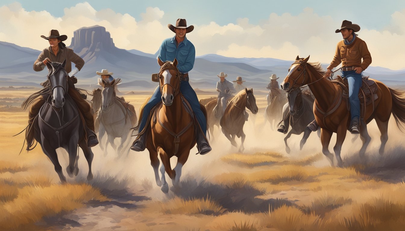 A group of cowboys and cowgirls ride horses through the open range, with rolling hills and a rustic ranch in the background