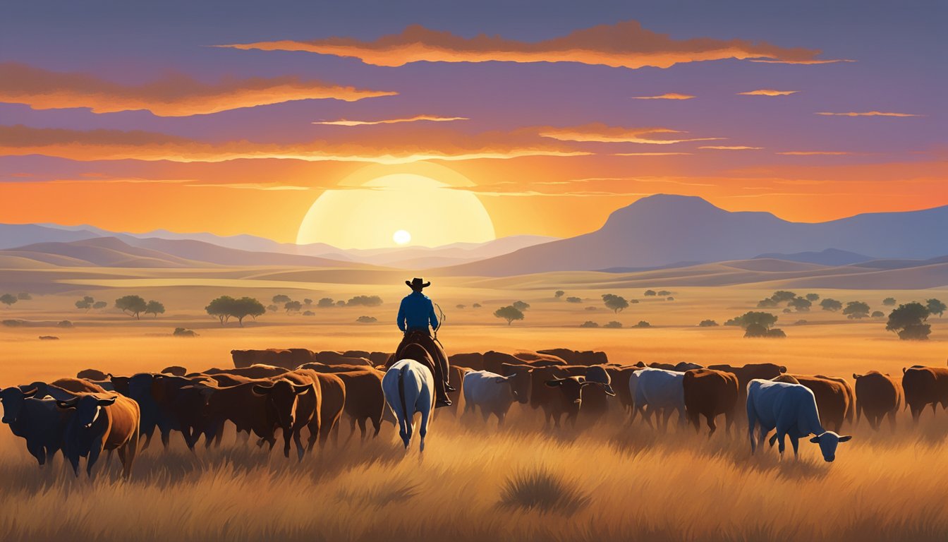 A lone cowboy herding cattle across the vast plains of Texas, with a backdrop of rolling hills and a colorful sunset