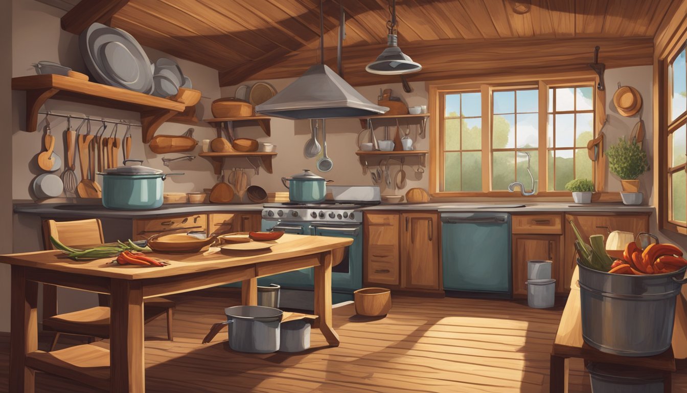 A rustic kitchen with cowboy hats, lassos, and horseshoes hanging on the walls. A pot of chili simmers on the stove while a guitar leans against a wooden table