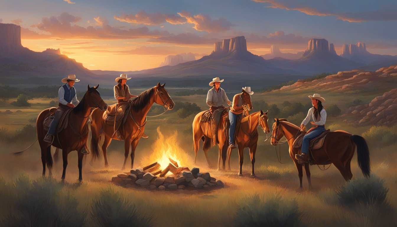 A group of cowboys and cowgirls gather around a campfire, surrounded by the rugged landscape of a Texas dude ranch. Horses graze in the distance as the sun sets on the horizon, casting a warm glow over the scene