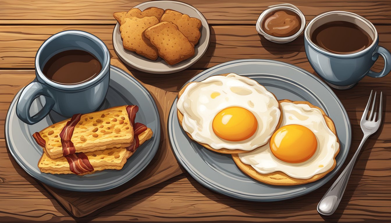 A rustic wooden table set with a hearty cowboy breakfast of eggs, bacon, biscuits, and coffee, evoking the historical significance of traditional Texan cuisine