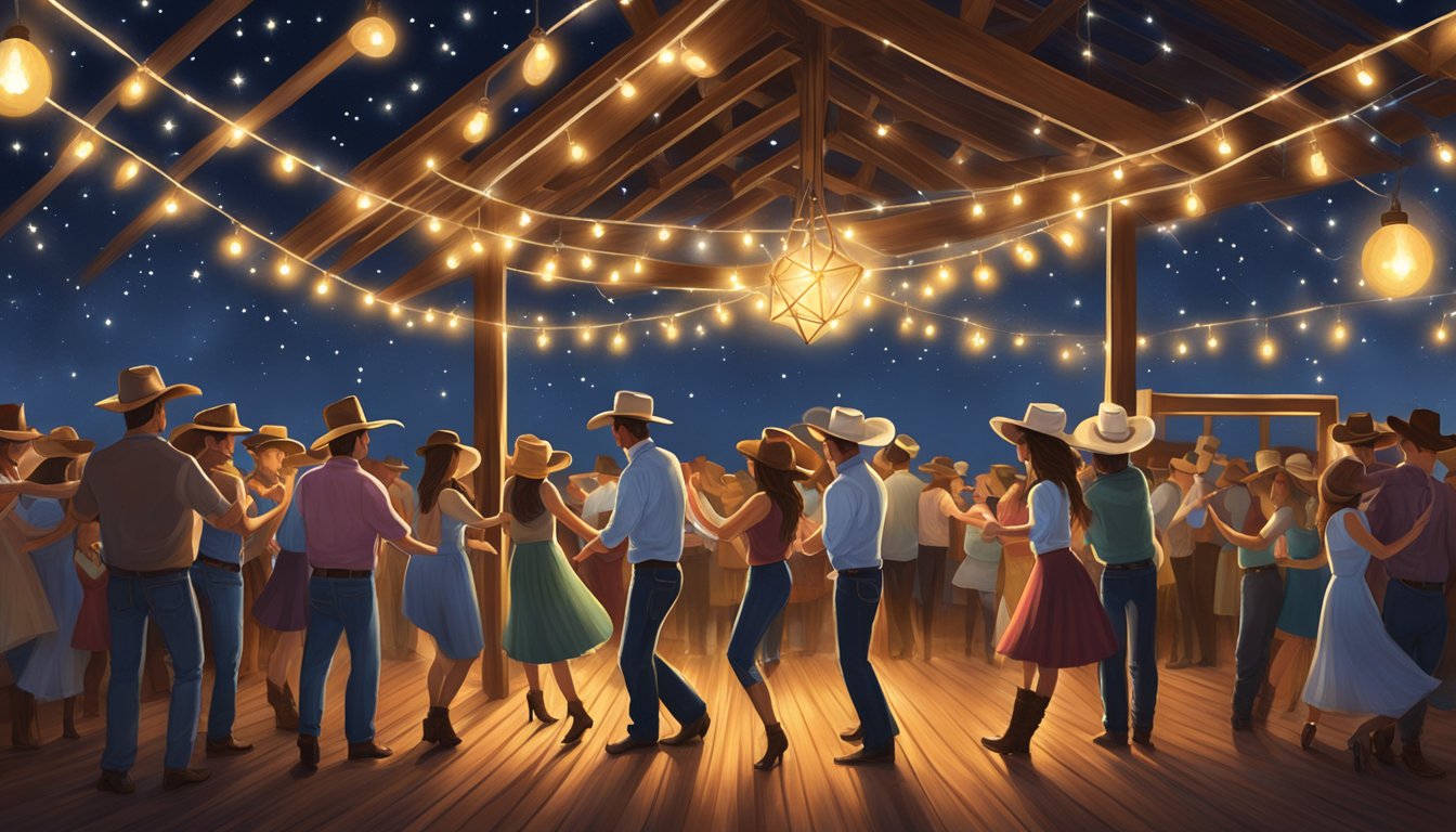 A lively Texas dance hall filled with cowboy hats, boots, and swinging couples under the glow of string lights and a starry night sky