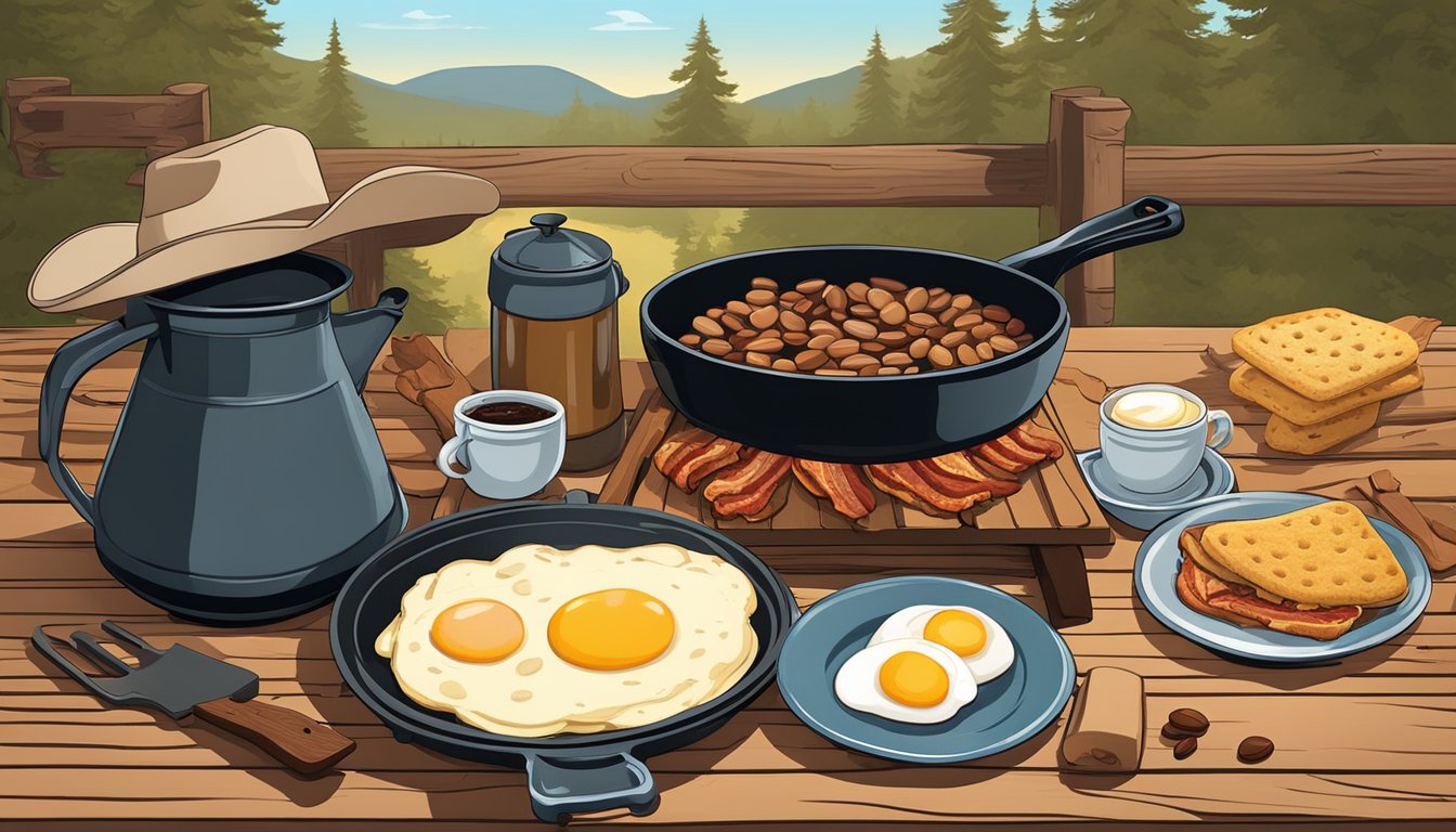 A rustic outdoor scene with a campfire, cast iron skillet, coffee pot, and cowboy hat. A spread of eggs, bacon, biscuits, and beans on a wooden table