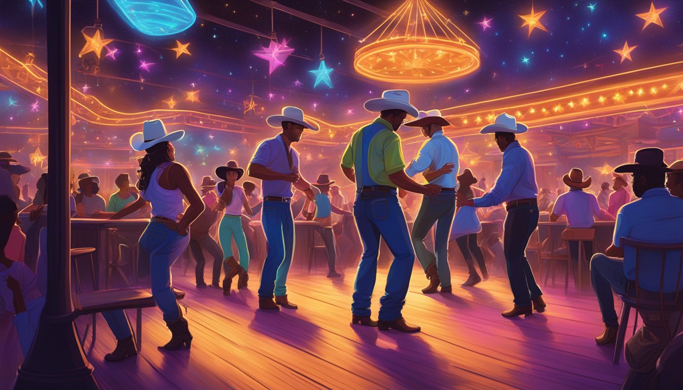 A lively dance hall with cowboy hats, boots, and swinging partners under the glow of neon lights and a starry Texas sky