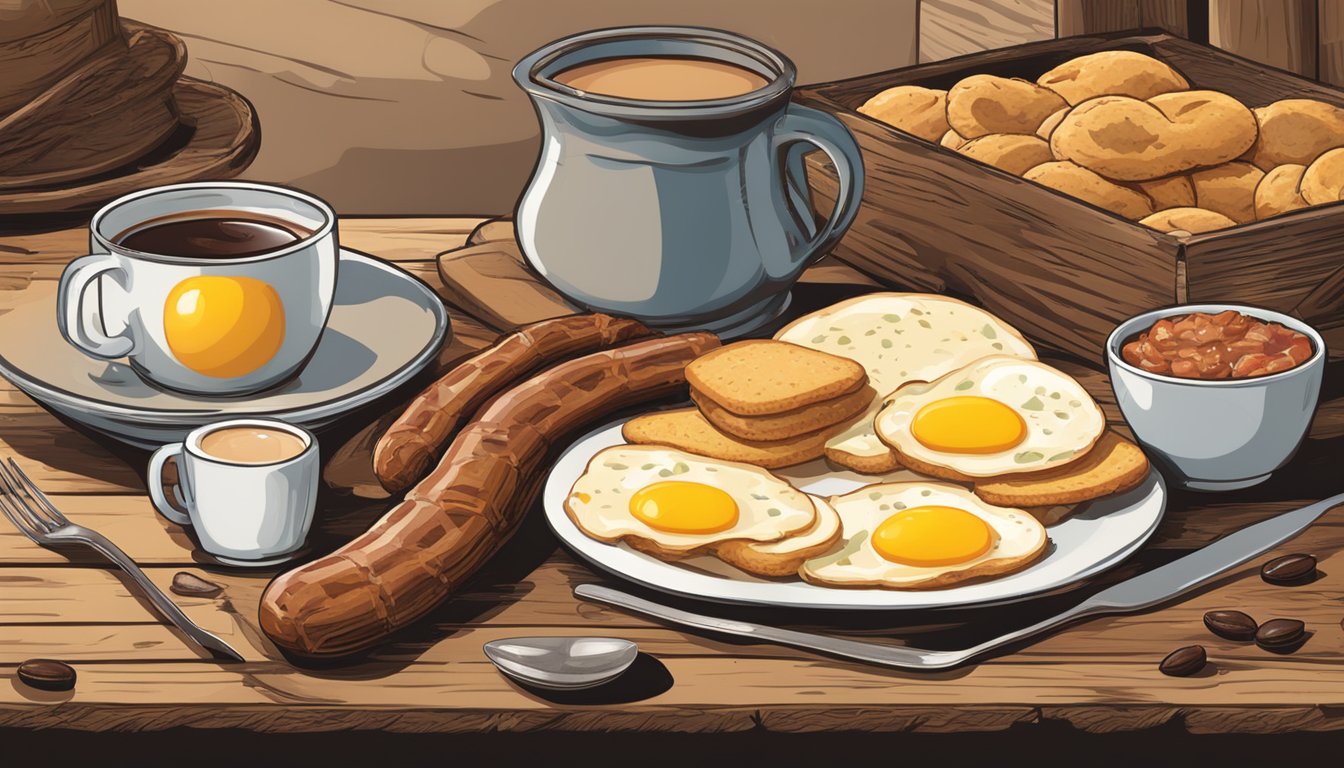 A rustic table set with cowboy breakfast ingredients: eggs, bacon, sausage, biscuits, and coffee. A cowboy hat and boots sit nearby