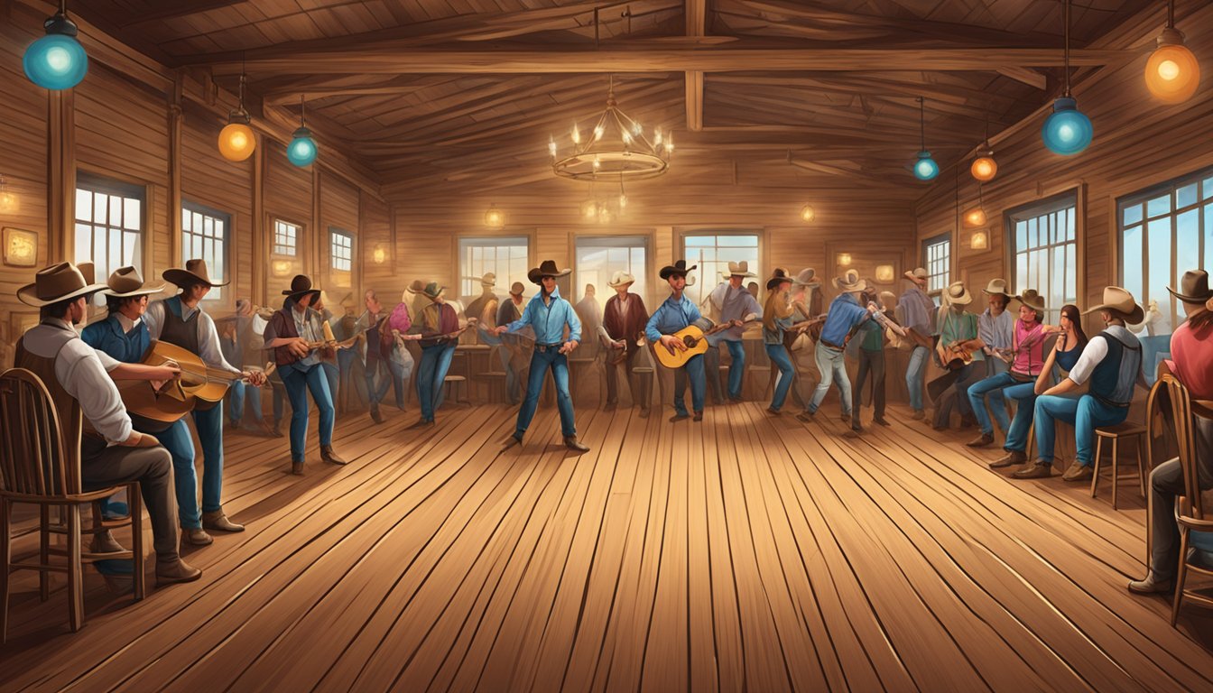 A lively western dance hall with a wooden dance floor, cowboy boots, and a live band playing country music