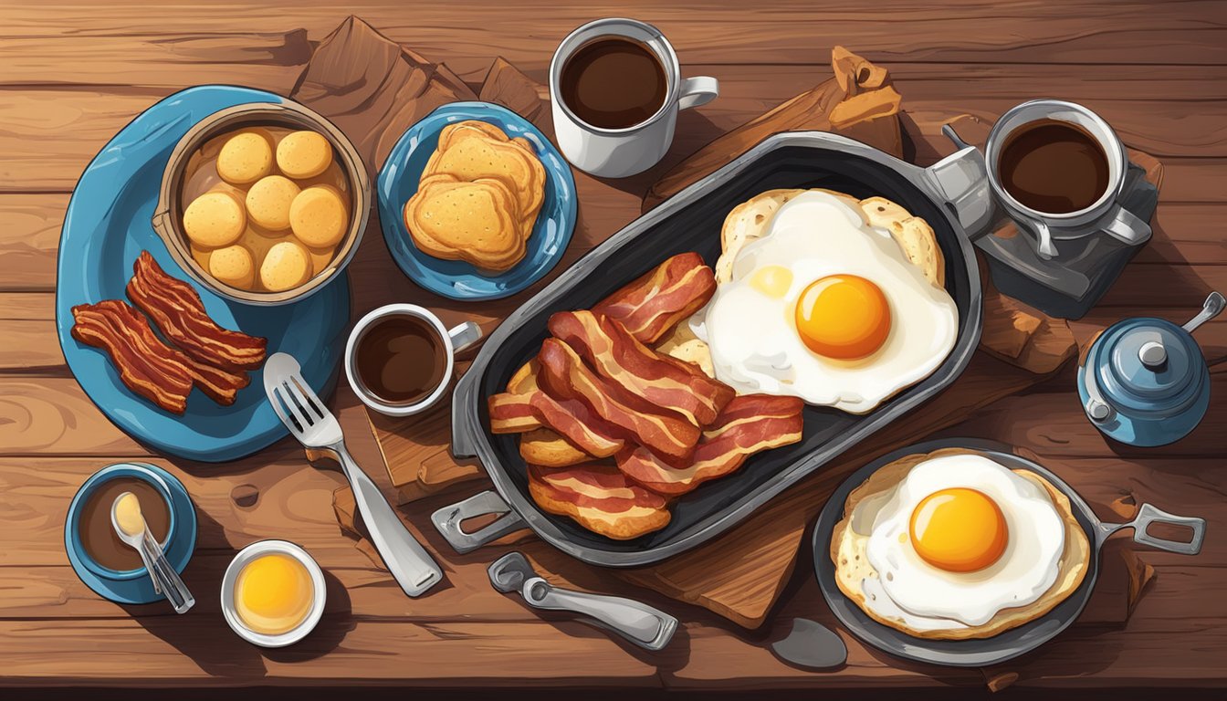 A cowboy breakfast spread on a rustic wooden table with sizzling bacon, eggs, biscuits, and a steaming pot of coffee