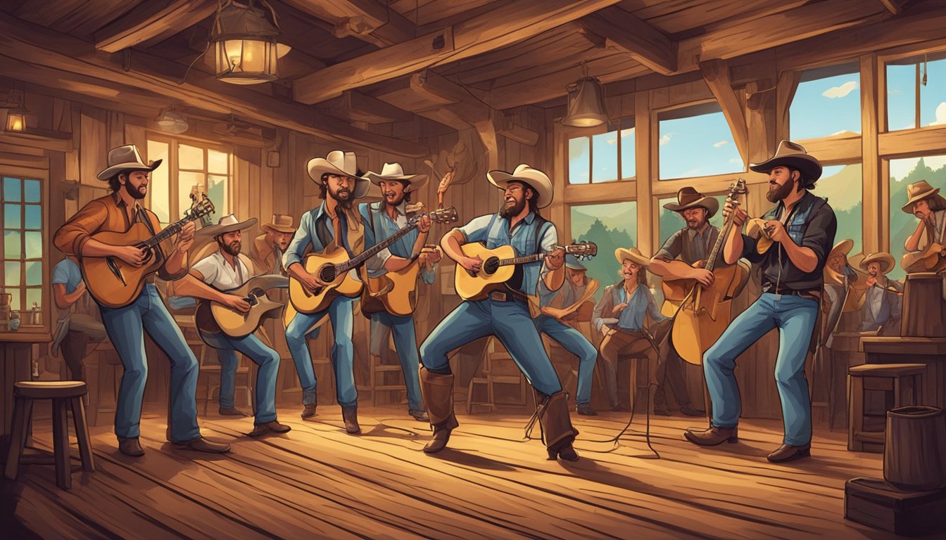 A lively honky tonk with a house band playing on a rustic stage, surrounded by dancing cowboys and cowgirls