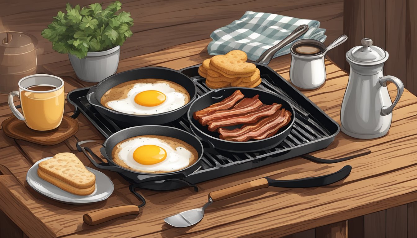 A rustic wooden table set with a cast-iron skillet, sizzling bacon, eggs, biscuits, and a steaming pot of coffee