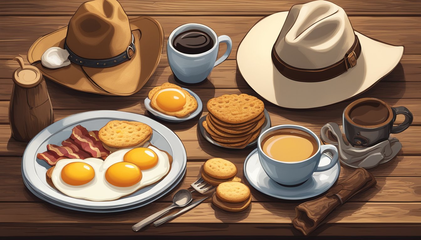 A rustic wooden table set with a hearty cowboy breakfast of eggs, bacon, biscuits, and coffee, surrounded by cowboy hats and lassos