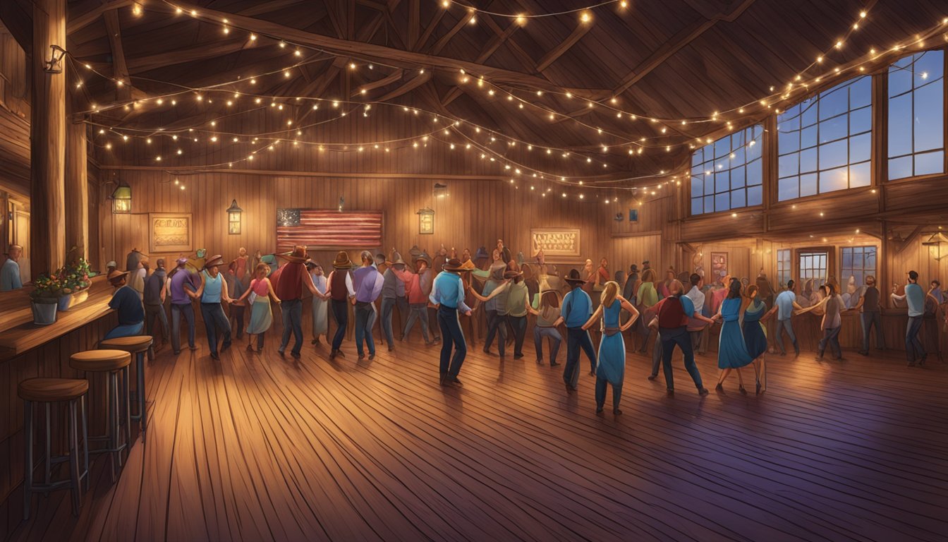 A lively Texas dance hall with a rustic western feel, featuring a spacious wooden dance floor, string lights, and a stage for live music