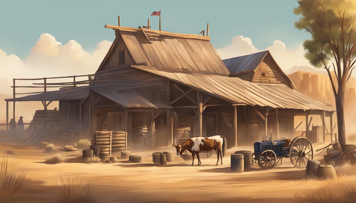 A dusty, sun-drenched landscape with a rustic wooden building adorned with cowboy memorabilia and cattle ranching equipment